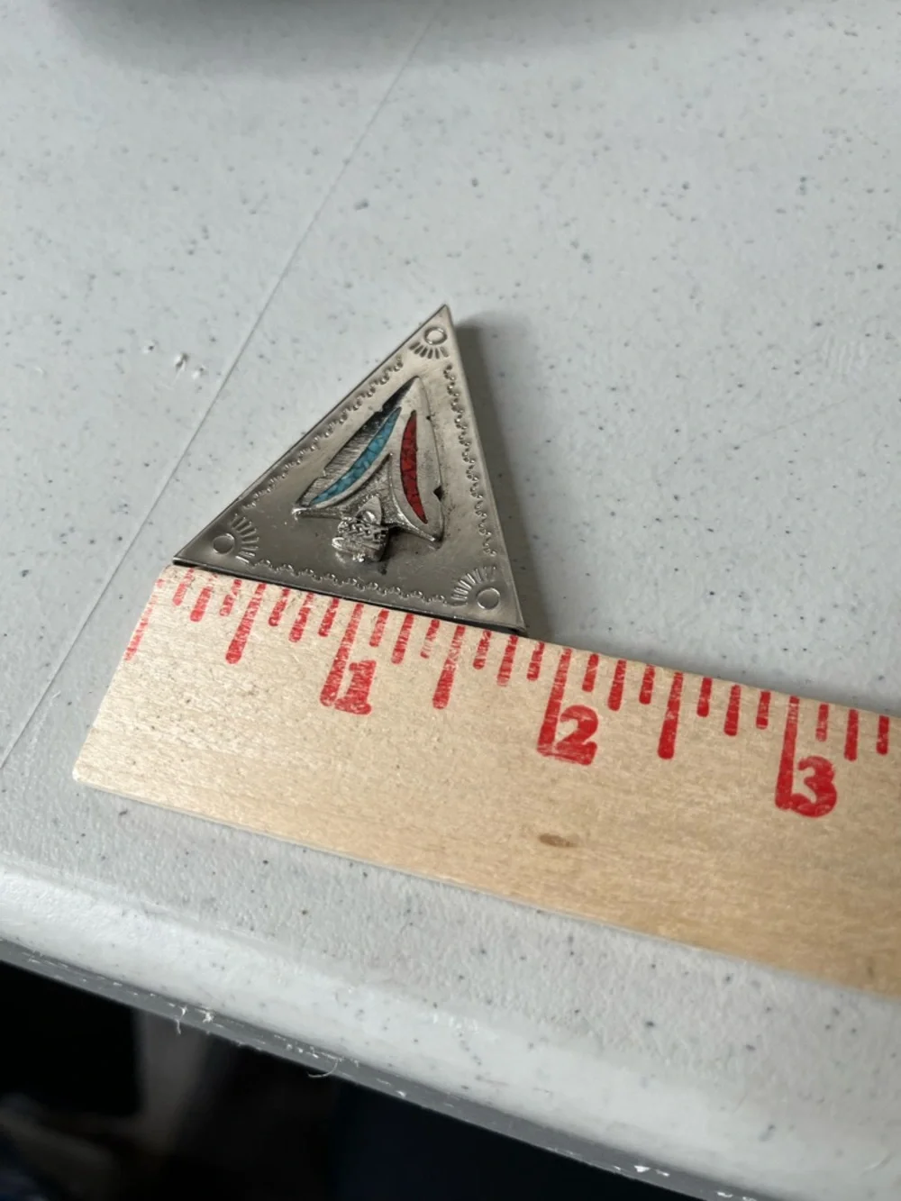 Triangular Sterling Silver collar clips with Red & Turquoise Inlay